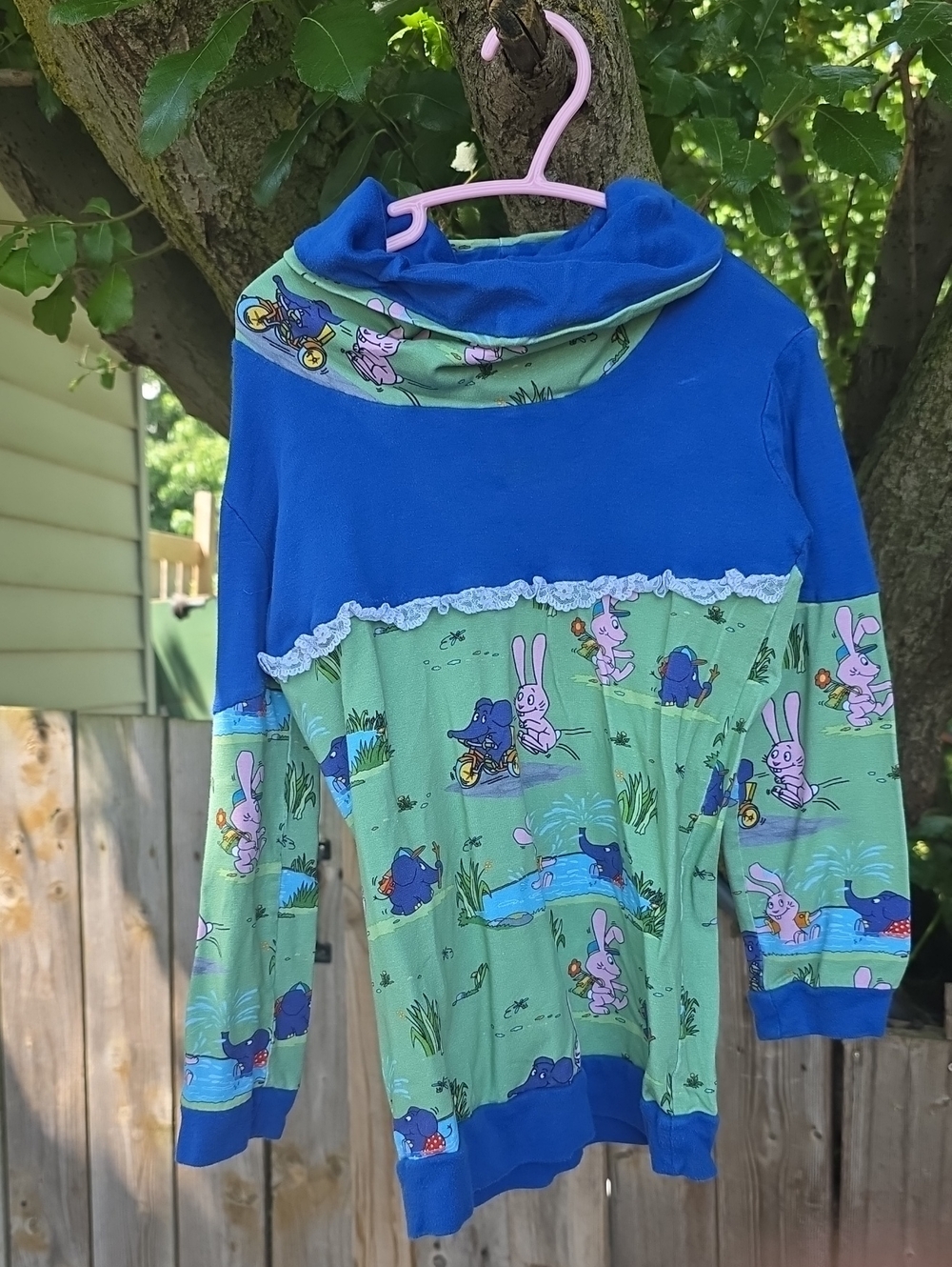 Kids Blue & Green Bunny Print Cowell Neck